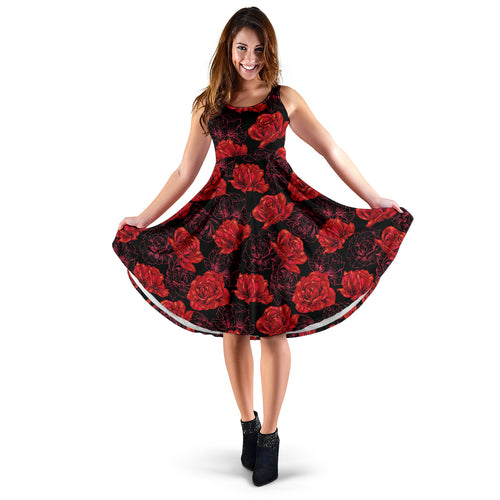 Rose Pattern Print Design 01 Sleeveless Midi Dress