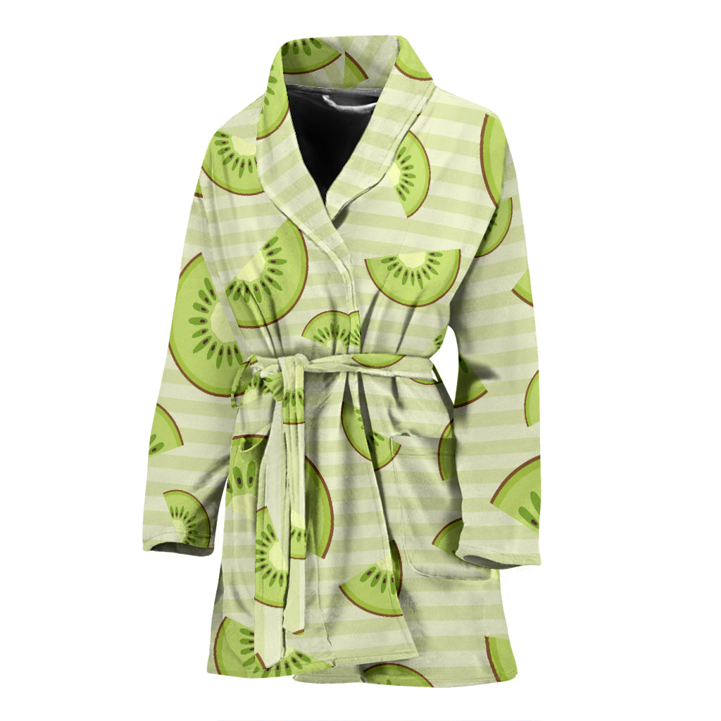 Kiwi Pattern Striped Background Women Bathrobe