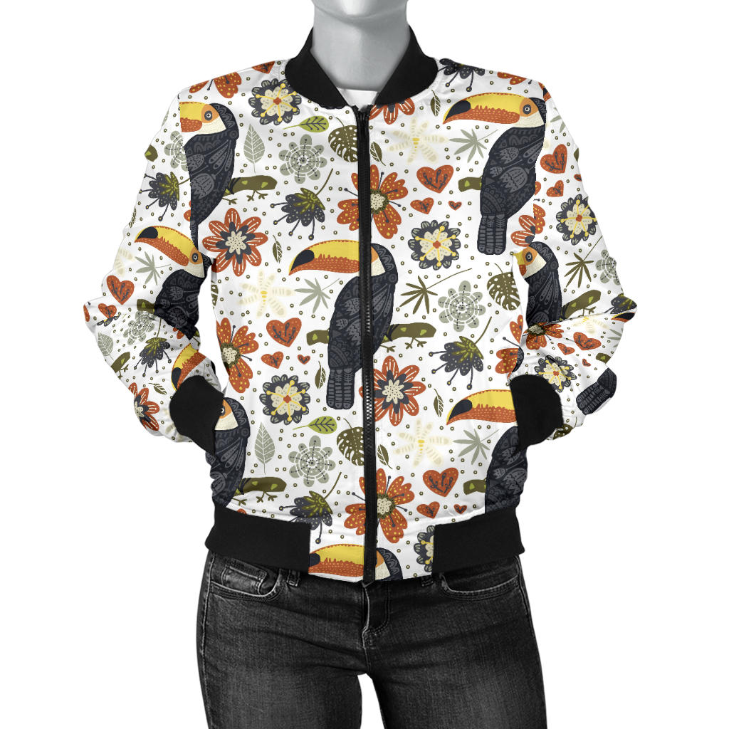 Toucan Flower Pattern Women Bomber Jacket