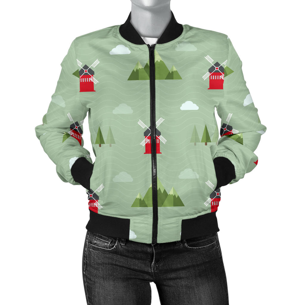 Windmill Green Pattern Women Bomber Jacket