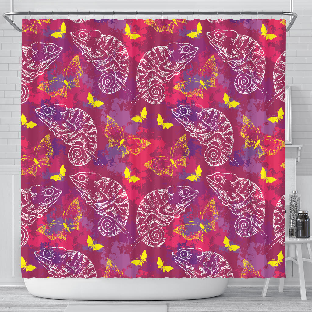 Pink Chameleon Lizard Butterfly Pattern Shower Curtain Fulfilled In US