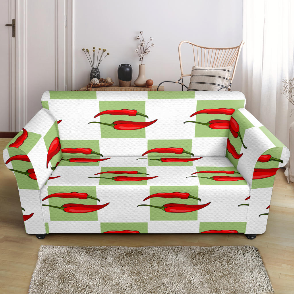 Red Chili Pattern Green White background Loveseat Couch Slipcover