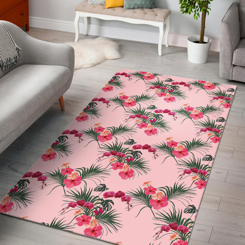 Red Pink Orchid Hibiscus Pattern Area Rug