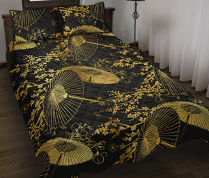 Gold Fan Flower Japanese Pattern Quilt Bed Set