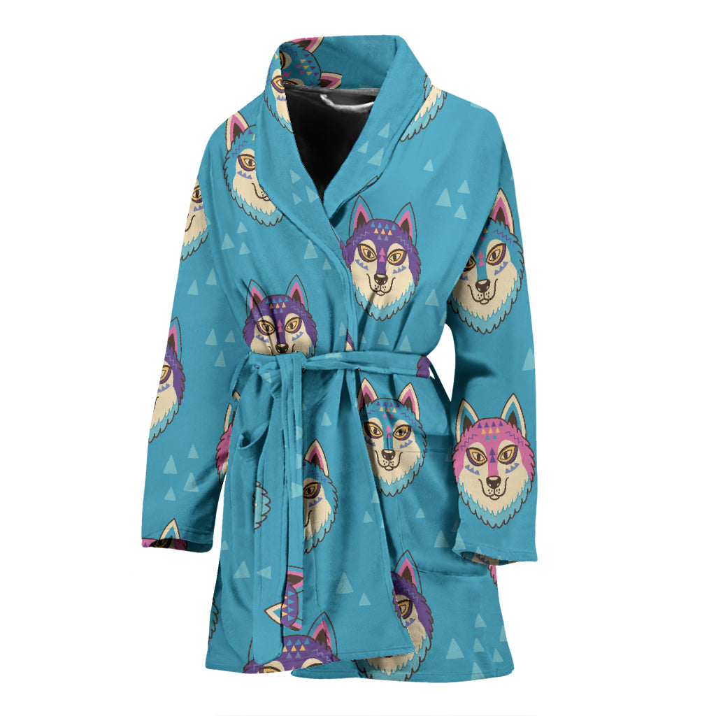 Siberian Husky Head Pattern Women Bathrobe