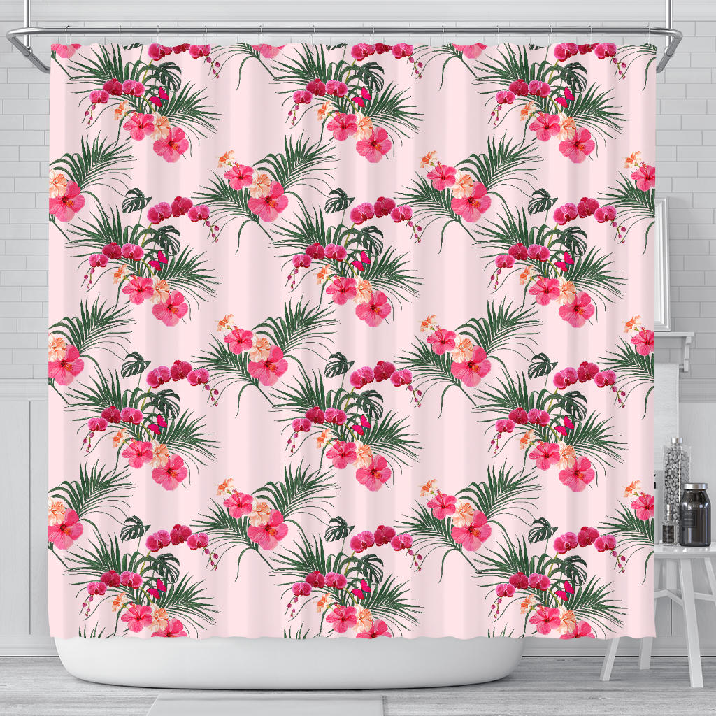 Red Pink Orchid Hibiscus Pattern Shower Curtain Fulfilled In US