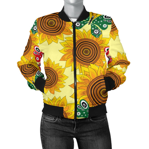 Sunflower Butterfly Pattern Women Bomber Jacket
