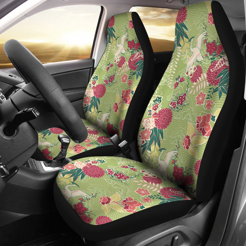 Japanese Crane Green Theme Pattern Universal Fit Car Seat Covers