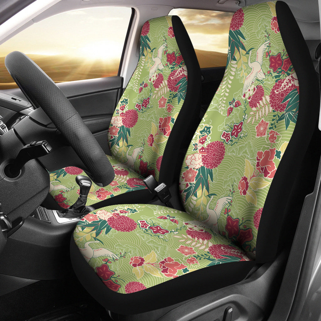 Japanese Crane Green Theme Pattern Universal Fit Car Seat Covers