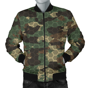 Green Camo Camouflage Honeycomb Pattern Men Bomber Jacket