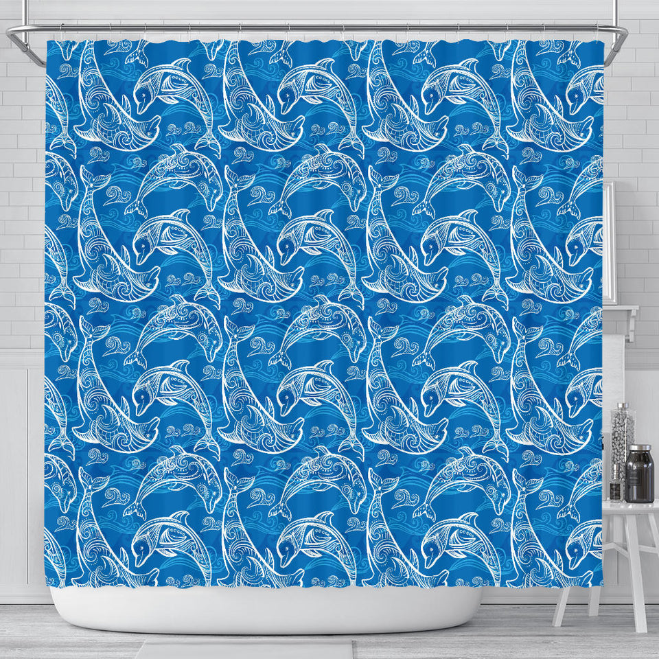 Dolphin Tribal Blue Pattern  Shower Curtain Fulfilled In US