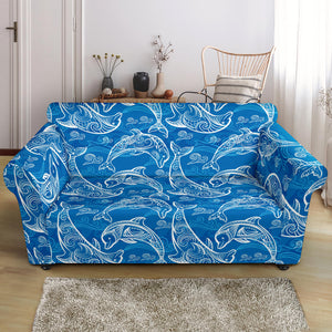 Dolphin Tribal Blue Pattern  Loveseat Couch Slipcover