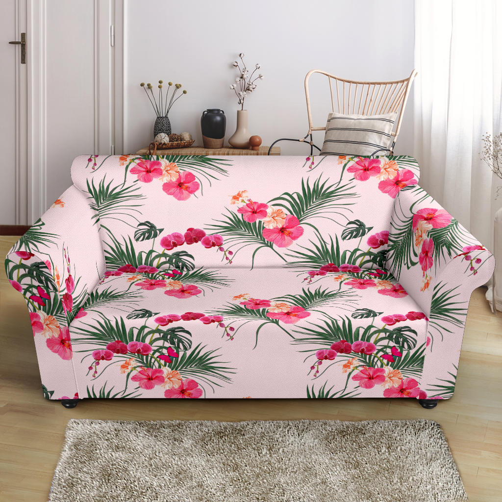 Red Pink Orchid Hibiscus Pattern Loveseat Couch Slipcover