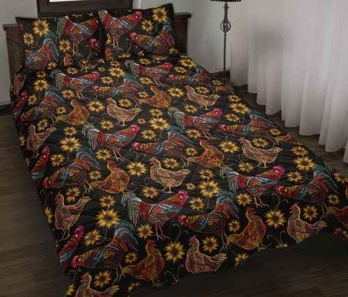 Rooster Chicken Flower Pattern Quilt Bed Set