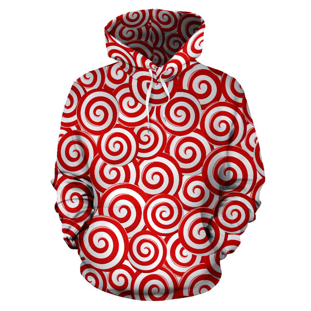 Red and White Candy Spiral Lollipops Pattern Men Women Pullover Hoodie