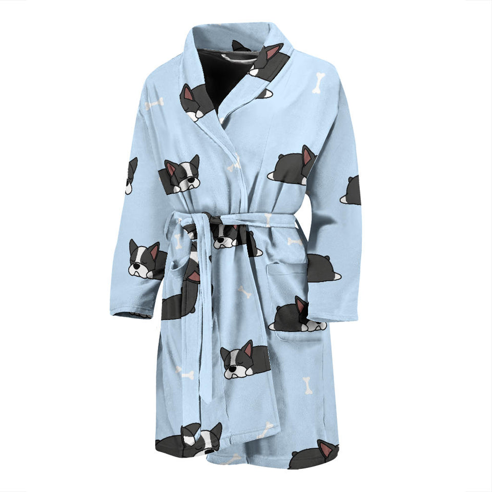 Sleep Boston Terrier Bone Pattern Men Bathrobe