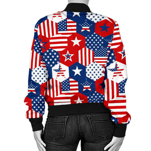 USA Star Hexagon Pattern Women Bomber Jacket