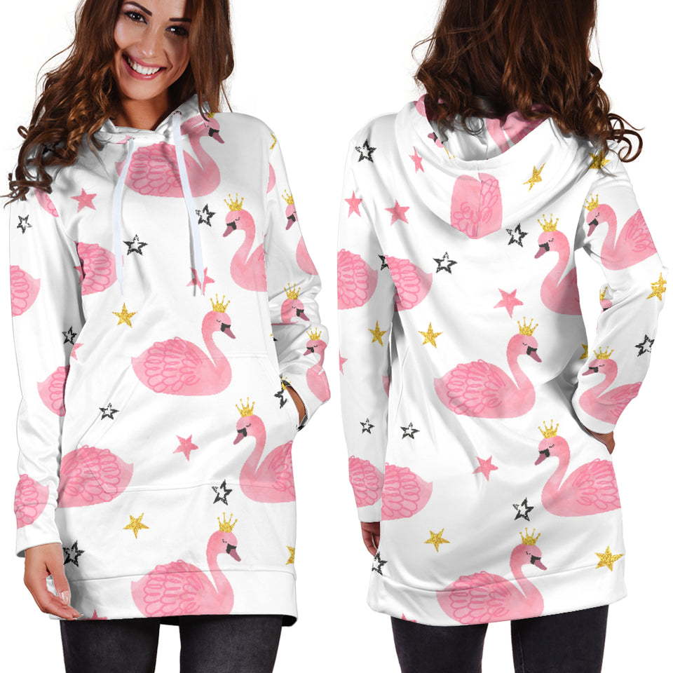 Pink Swan Pattern Women Hoodie Dress