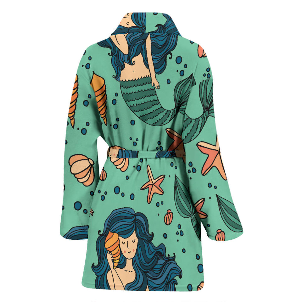 Mermaid Pattern Green Background Women Bathrobe