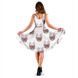 French Bulldog Heart Sunglass Pattern Sleeveless Midi Dress