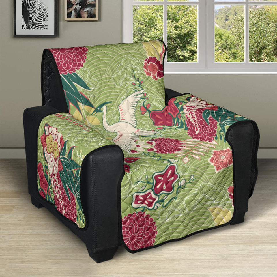 Japanese Crane Green Theme Pattern Recliner Cover Protector