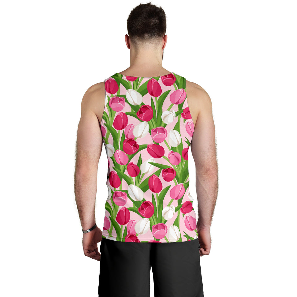 Pink White Tulip Pattern Men Tank Top