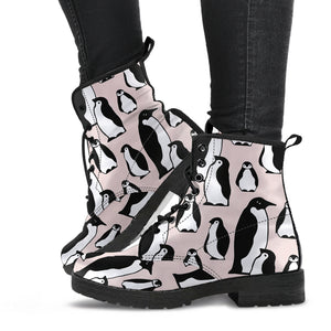 Penguin Pattern Background Leather Boots