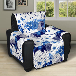 Horse Flower Blue Theme Pattern Recliner Cover Protector