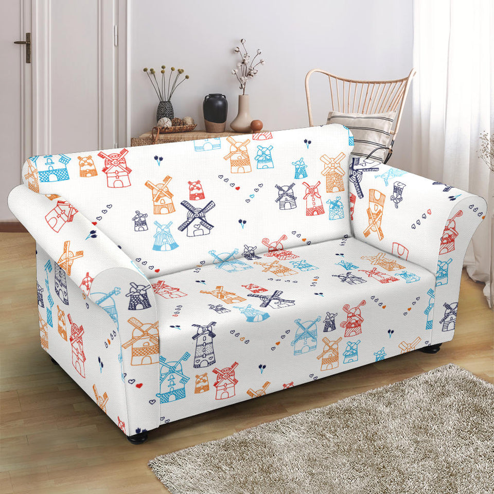 Hand Drawn Windmill Pattern Loveseat Couch Slipcover