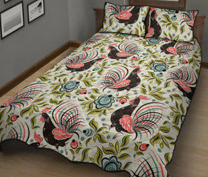 Rooster Chicken Leaves Pattern Quilt Bed Set