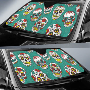 Suger Skull Pattern Green Background Car Sun Shade