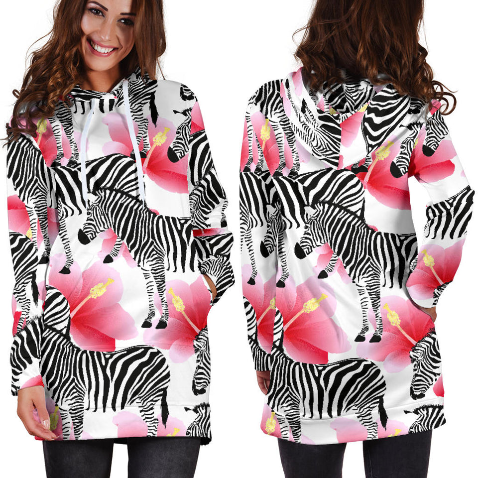 Zebra Red Hibiscus Pattern Women Hoodie Dress