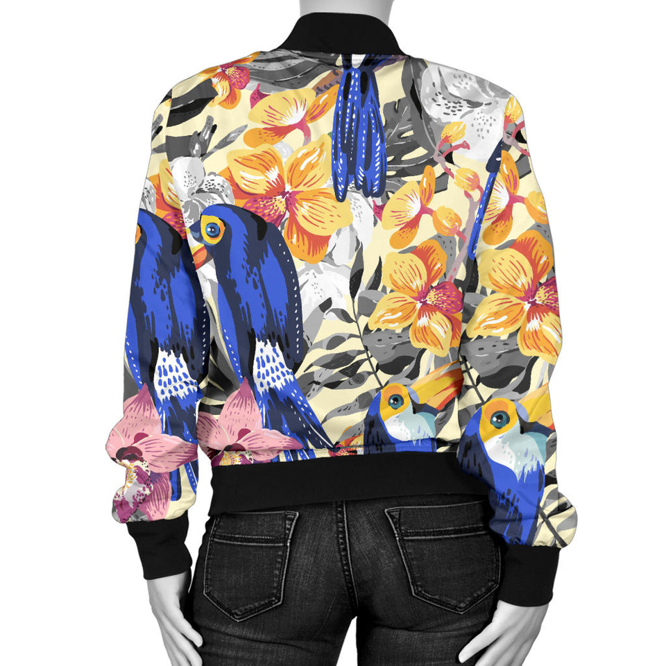 Toucan Leaves Flower Pattern Women Bomber Jacket