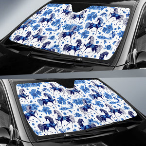 Horse Flower Blue Theme Pattern Car Sun Shade