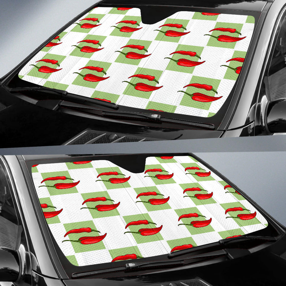 Red Chili Pattern Green White background Car Sun Shade