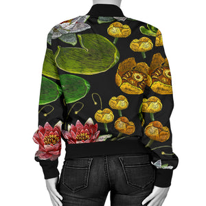 Lotus Waterlily Flower Pattern Background Women Bomber Jacket