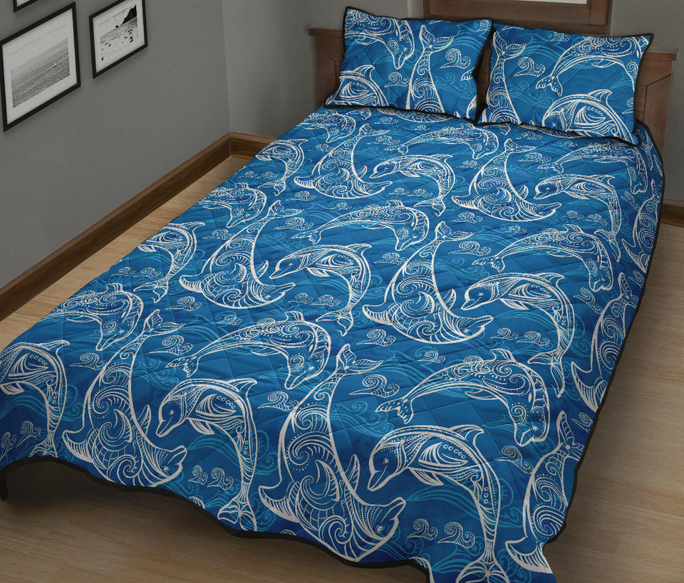 Dolphin Tribal Blue Pattern  Quilt Bed Set