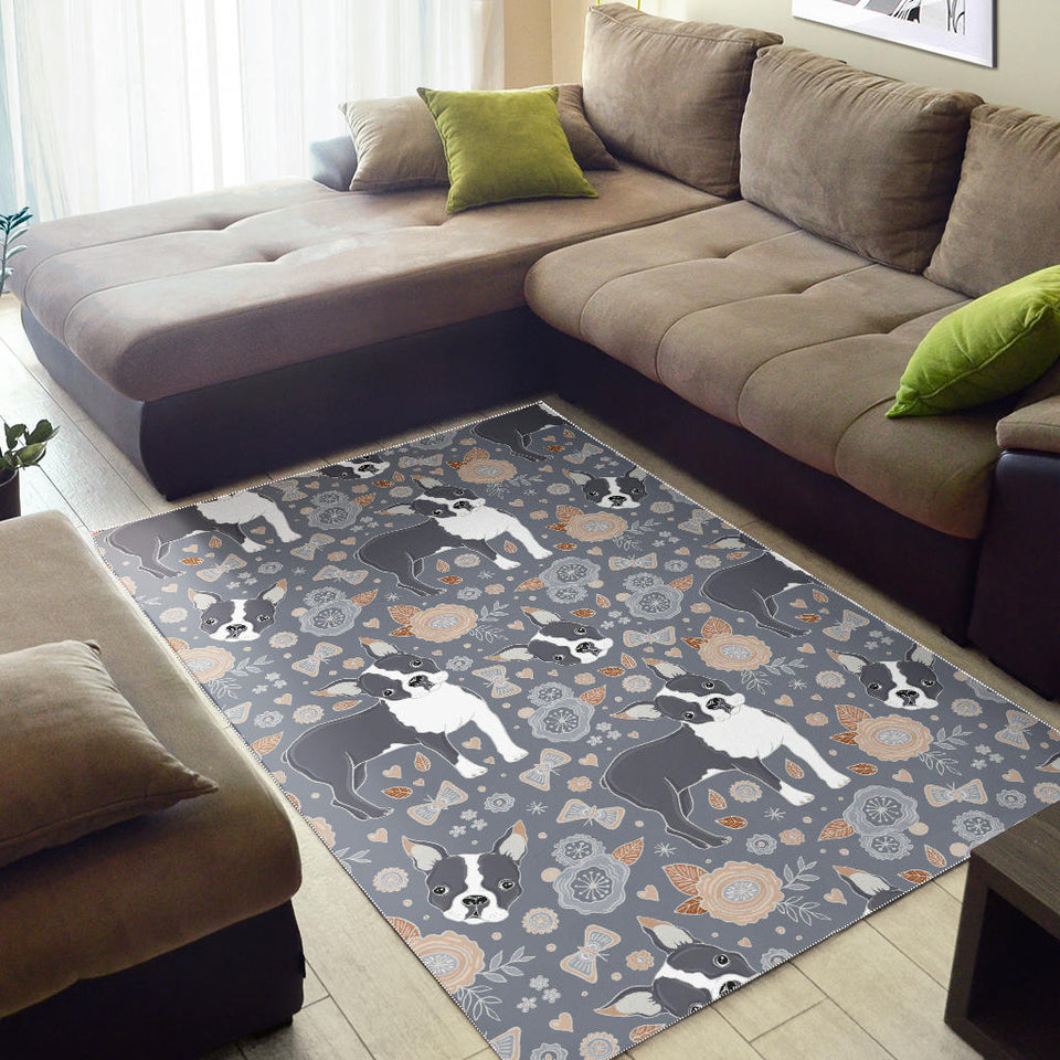 Boston Terrier Flower Pattern Gray Background Area Rug