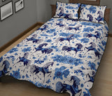 Horse Flower Blue Theme Pattern Quilt Bed Set