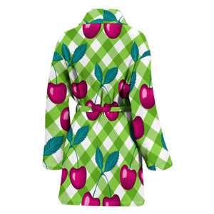 Cherry Pattern Green Background Women Bathrobe