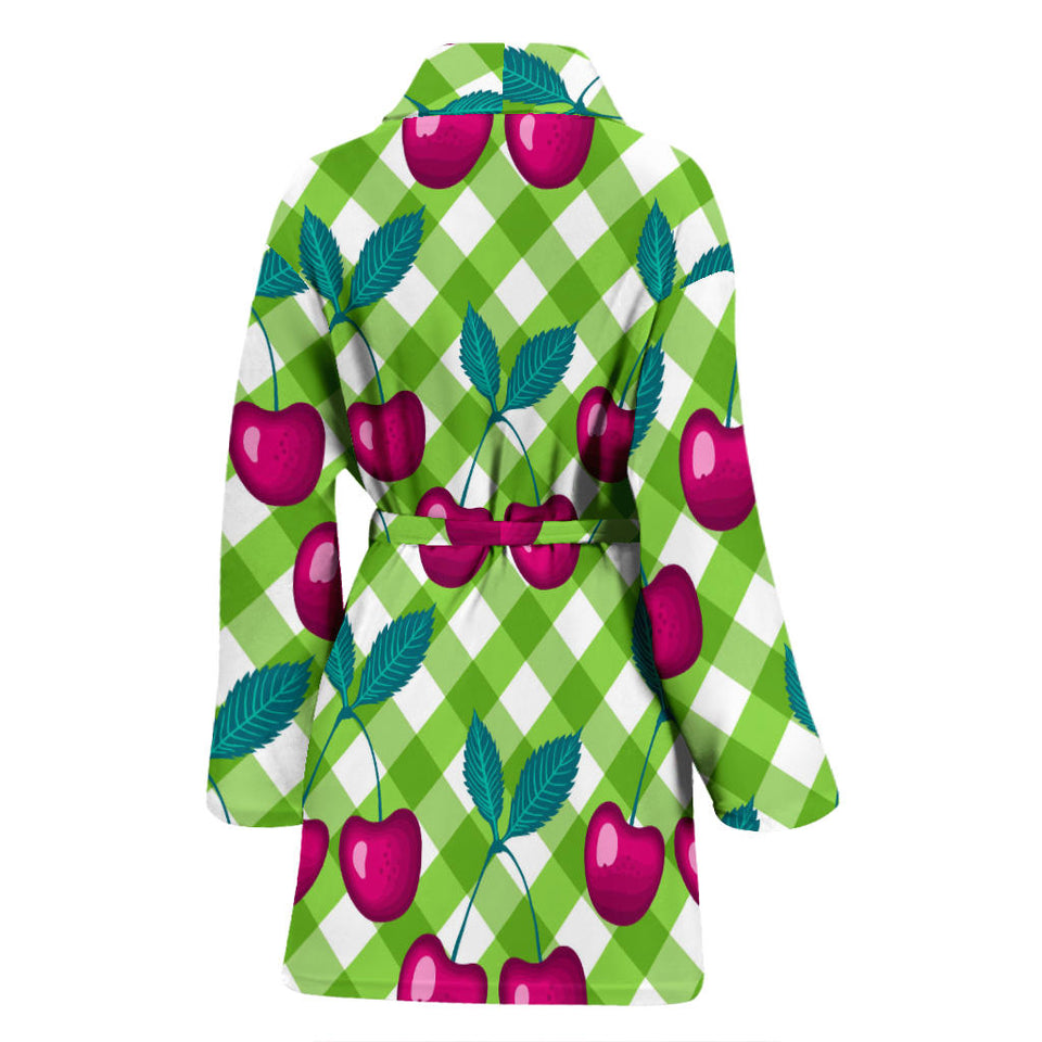 Cherry Pattern Green Background Women Bathrobe