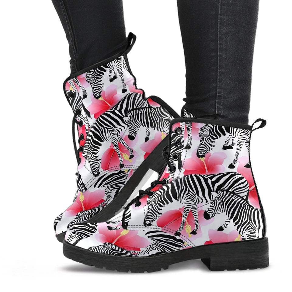 Zebra Red Hibiscus Pattern Leather Boots