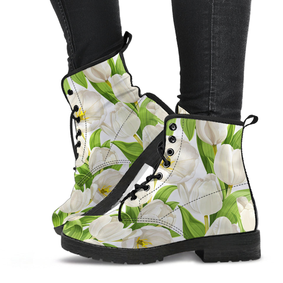 White Tulip Pattern Leather Boots