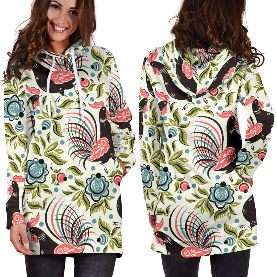 Rooster Chicken Leaves Pattern Women Hoodie Dress