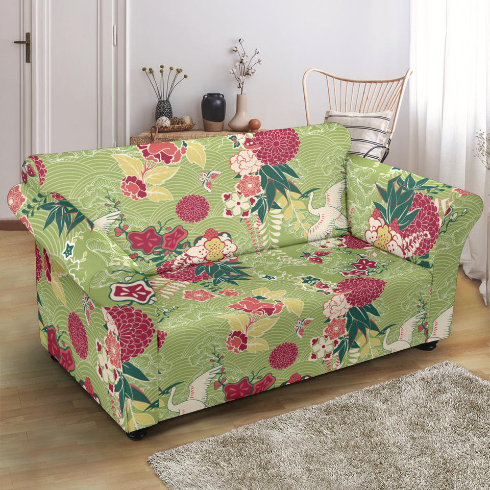 Japanese Crane Green Theme Pattern Loveseat Couch Slipcover