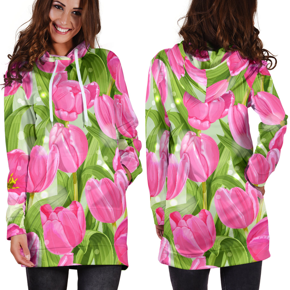 Pink Tulip Pattern Women Hoodie Dress