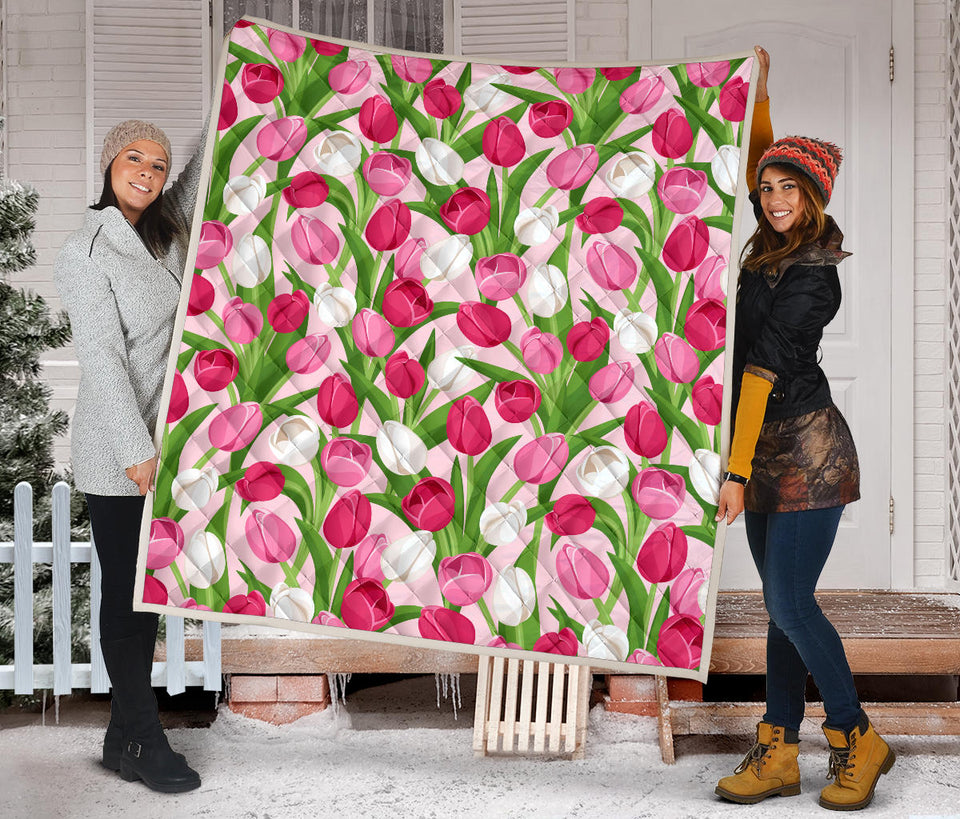 Pink White Tulip Pattern Premium Quilt White