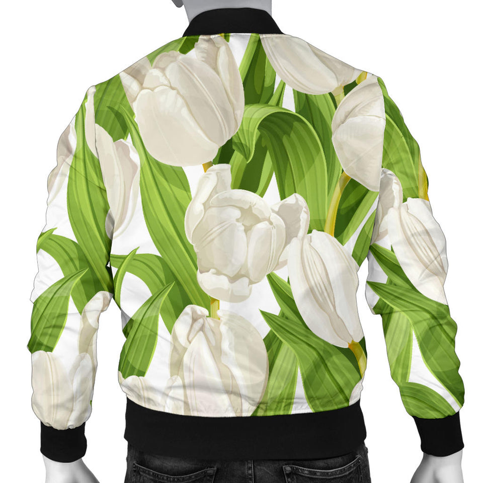 White Tulip Pattern Men Bomber Jacket