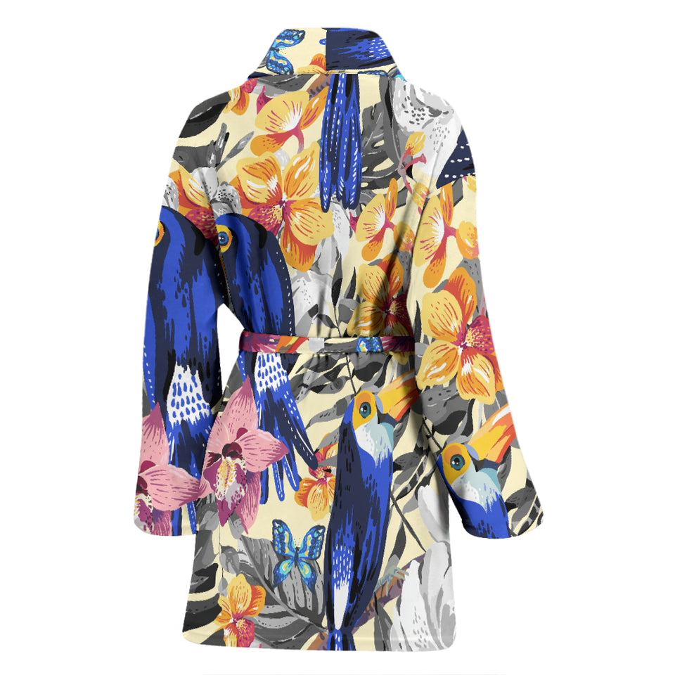 Toucan Leaves Flower Pattern Women Bathrobe
