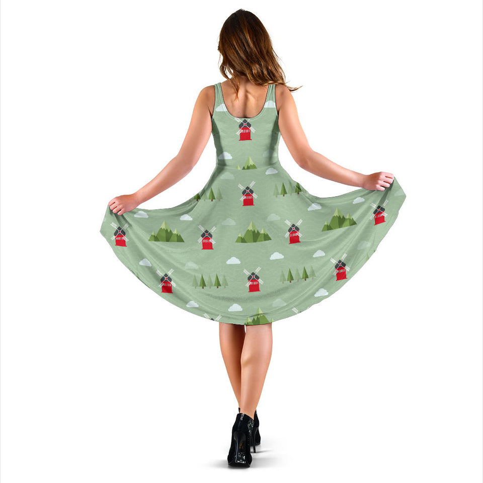Windmill Green Pattern Sleeveless Midi Dress